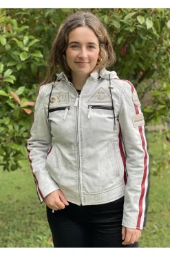 Cazadora de Cuero Mujer MDP Racing Dirty White