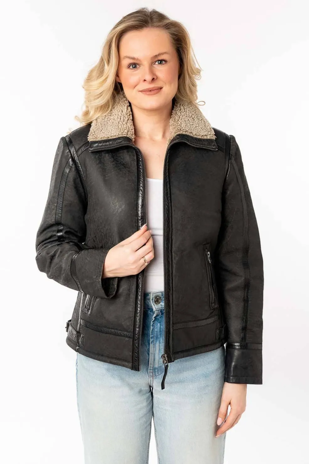 cazadora de Cuero mujer mauritius iske anthracite